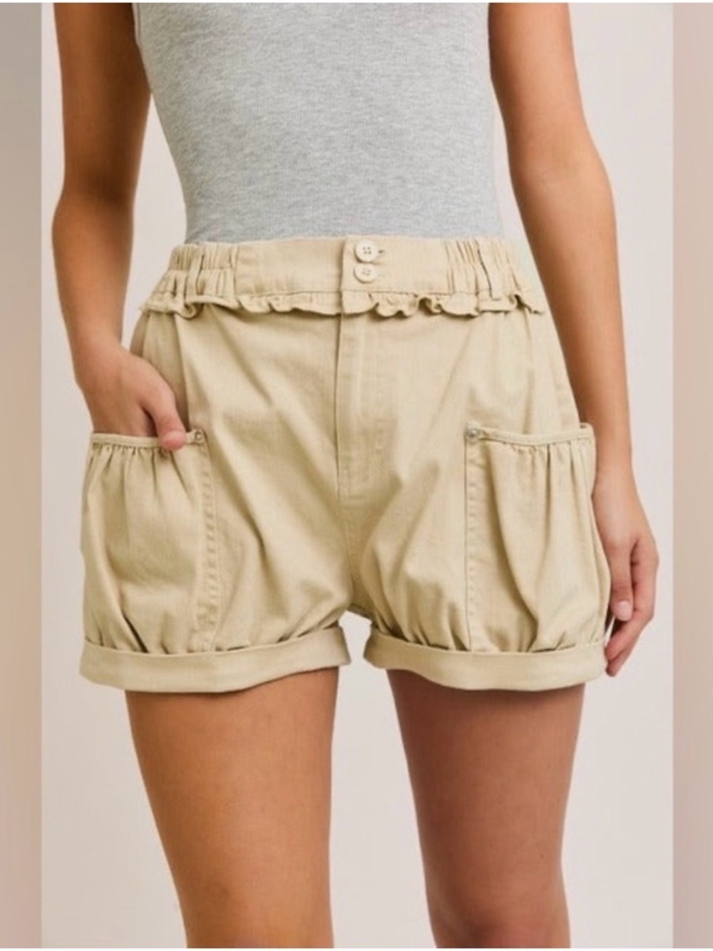 Le Lis Beige Ruffle-Waist Bermuda Shorts